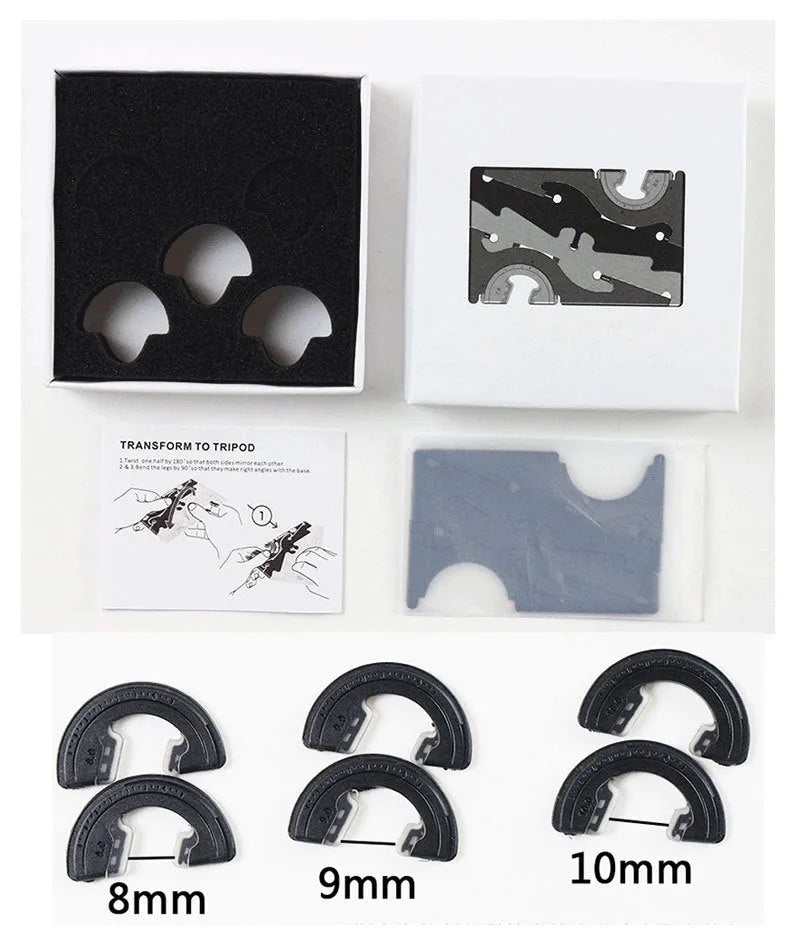 Black plastic card type mobile phone holder with adjustable lazy bracket on desktop