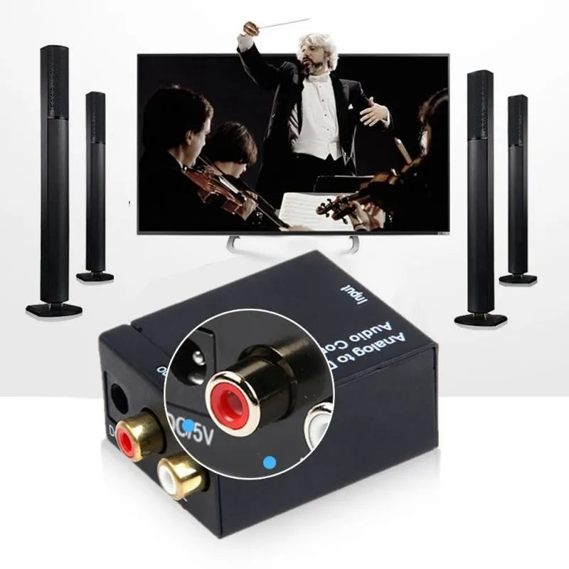 Black digital to analogue audio converter with Toslink and RCA inputs for DVD players