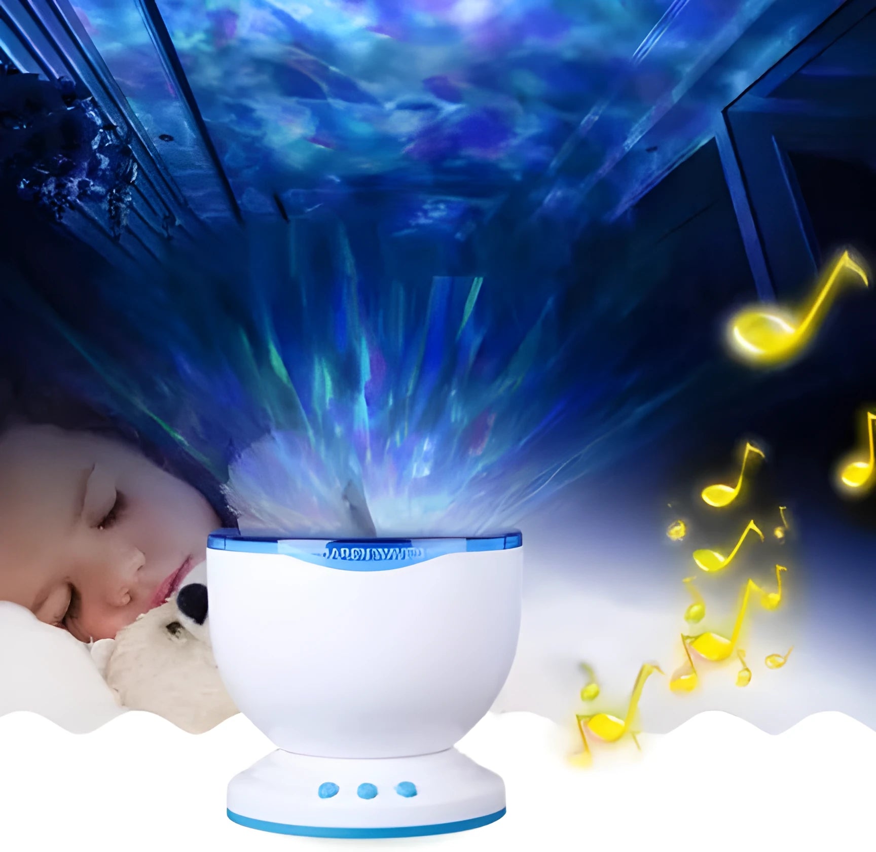 Blue ocean-themed projection lamp showing underwater light effects on a wall