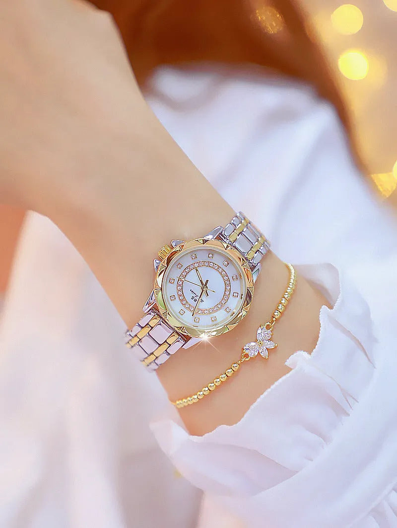 Women's diamond-set quartz wristwatch round alloy case 32mm gold finish mineral glass