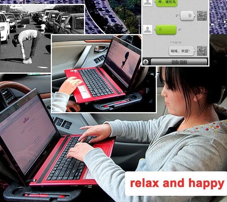 Multifunctional car desk in grey ABS with full suspension structure mounted on a car steering wheel, showing the adjustable angle handle