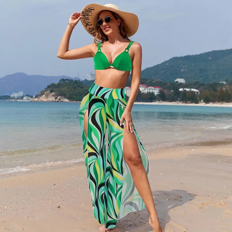 Women's printed bikini three-piece swimsuit set showing bra, shorts, and pants in various patterns