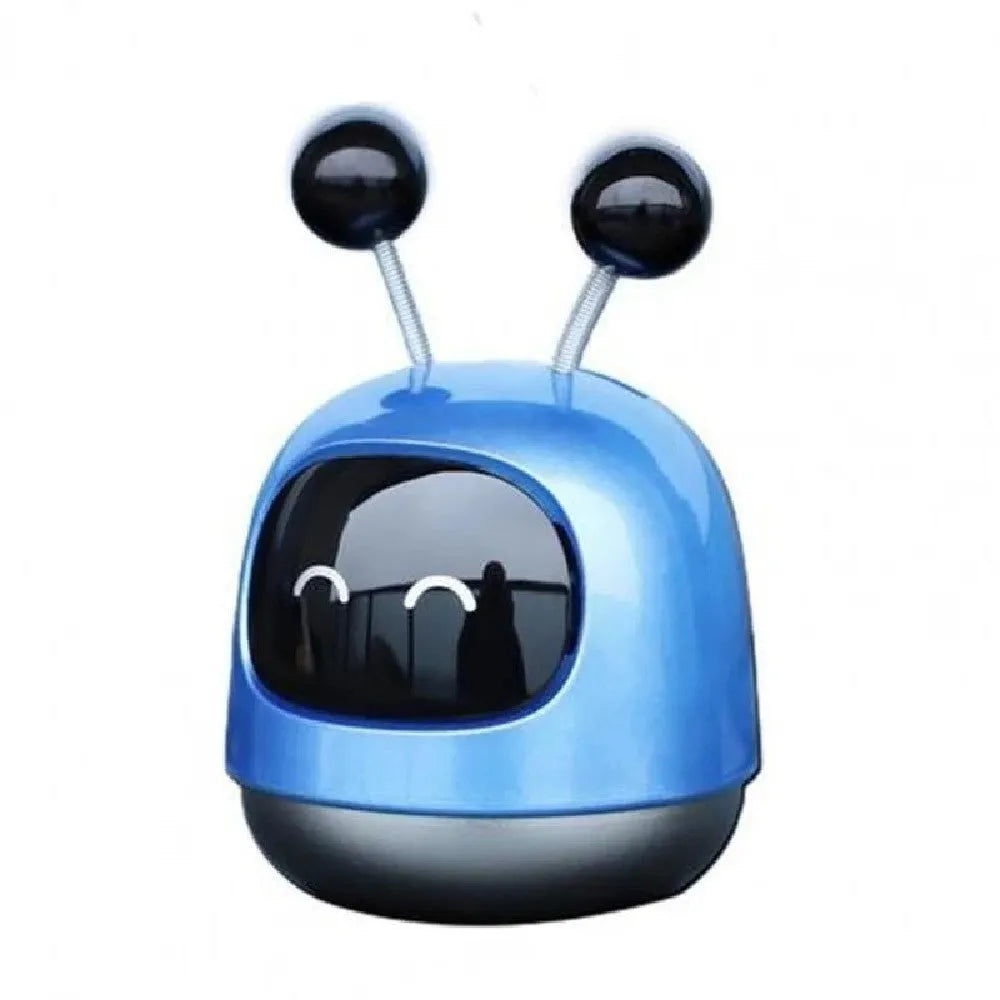 Robot-shaped car vent aromatherapy air freshener diffuser in blue, grey, or red.