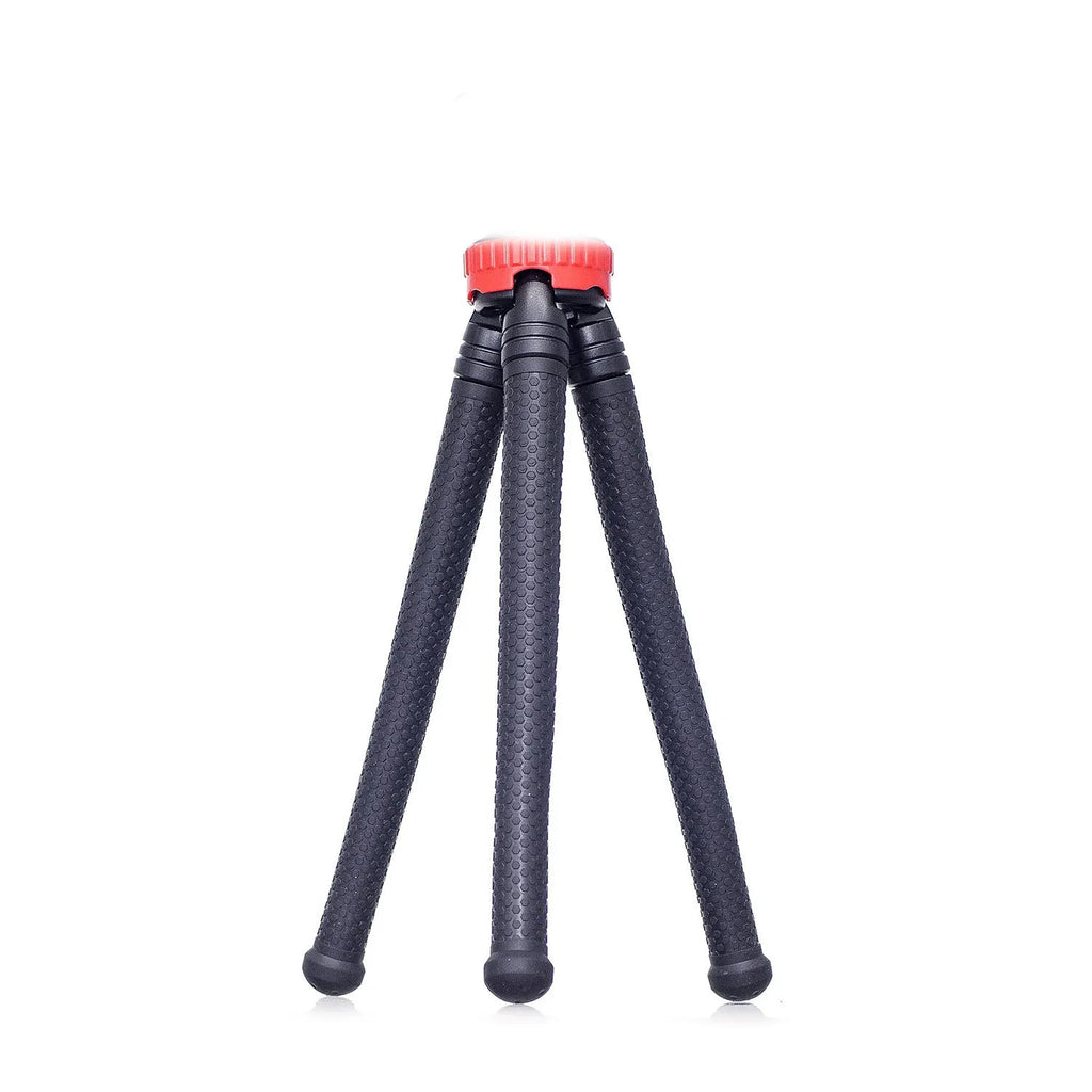 Black octopus tripod with eight flexible rubber legs and a spherical gimbal head for mounting cameras and phones.