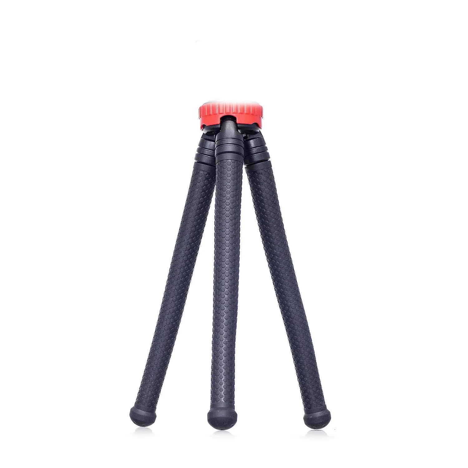 Black octopus tripod with eight flexible rubber legs and a spherical gimbal head for mounting cameras and phones.