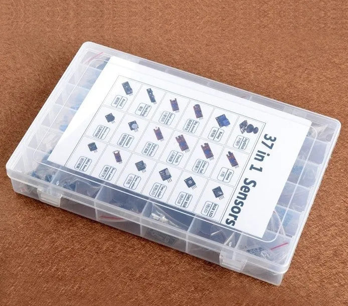 37-in-1 sensor kit modules for Arduino including relay, microphone, temperature, and infrared sensors on a table
