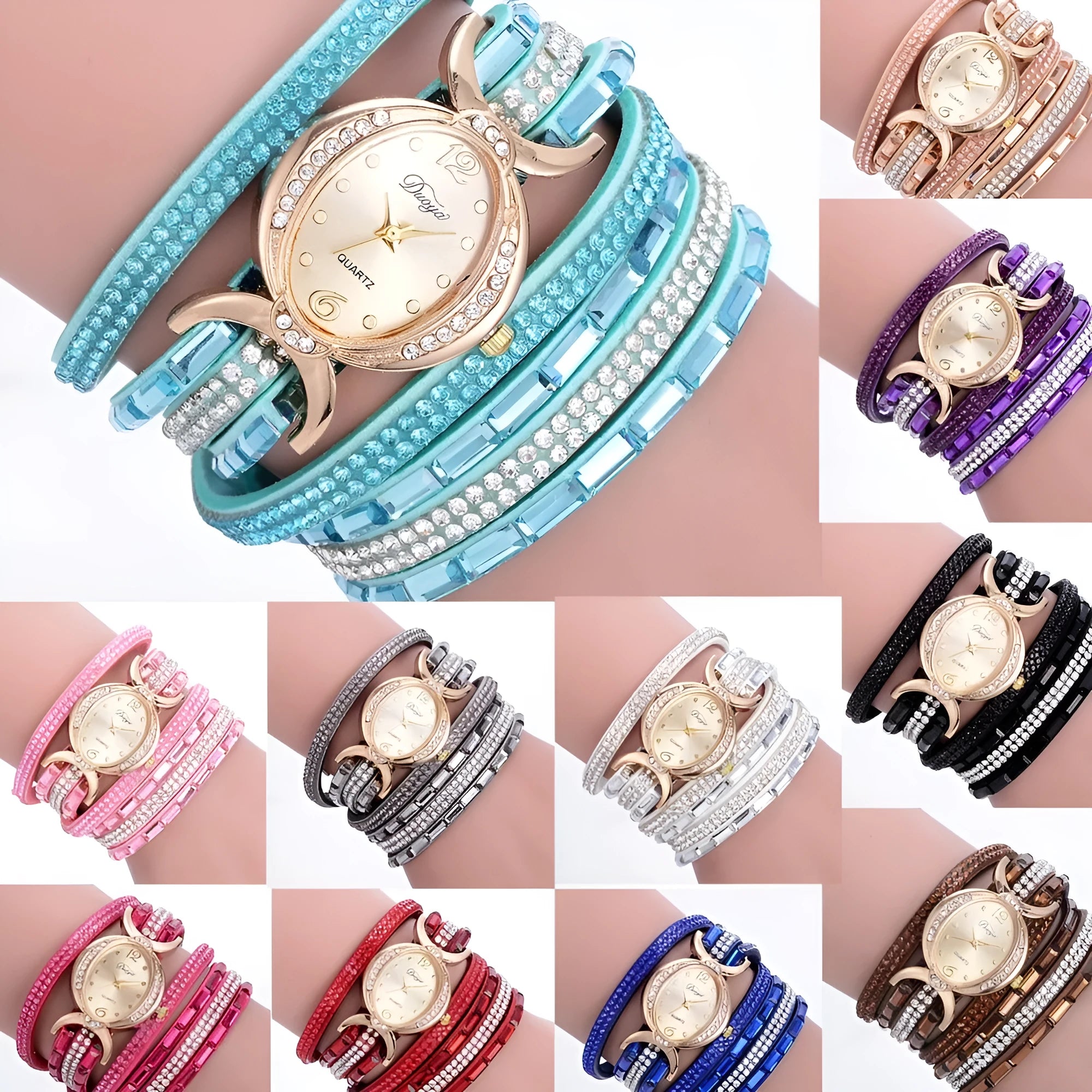 New casual rhinestone watch for women with round stainless steel case, leather band, and analog quartz movement