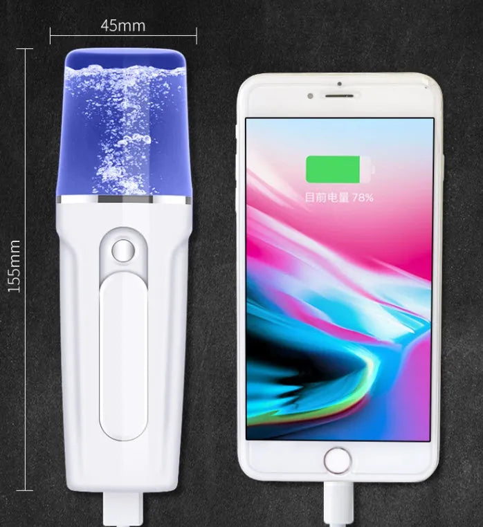 Pink handy nano mist sprayer with 26ml water tank and 2200mAh power bank on white background