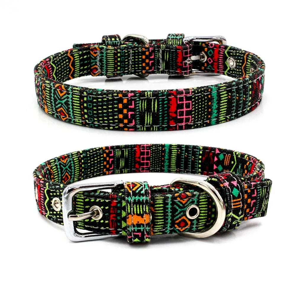 Double layer reflective canvas dog collar with metal D-ring, available in multiple sizes and colours