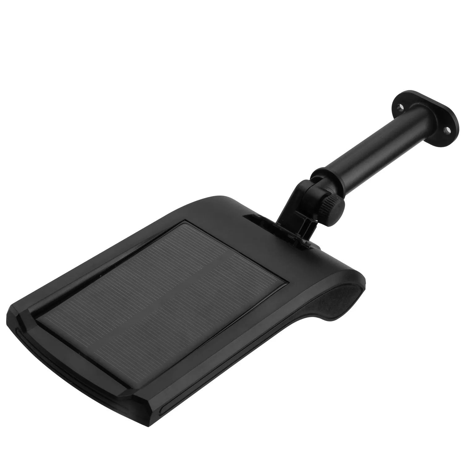 Black solar-powered outdoor wall light with 36 LEDs, a large motion sensor, and an adjustable mounting pole.