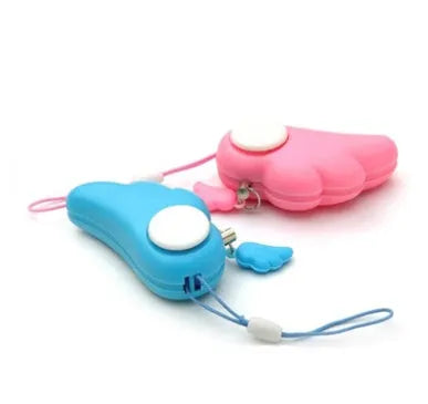 Blue compact personal security alarm clipped to a handbag, 6cm x 3cm, 90dB siren