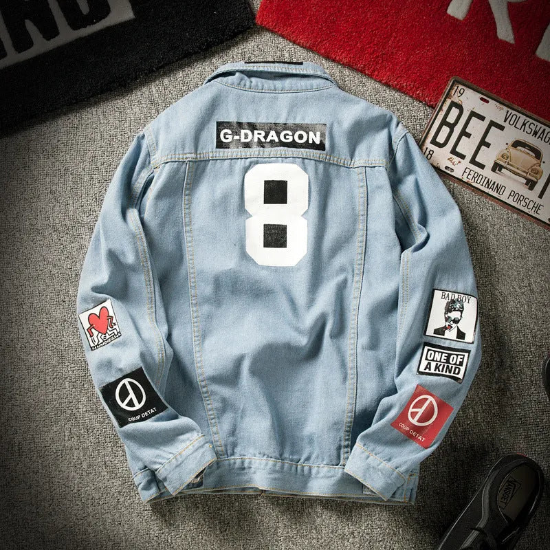 Blue loose-fit denim jacket with lapel collar and multiple pockets