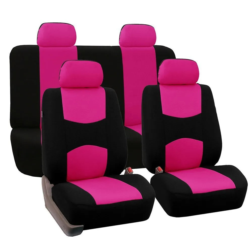 Universal car seat cover set in bird's eye cloth fabric, includes head covers and front and rear seat covers