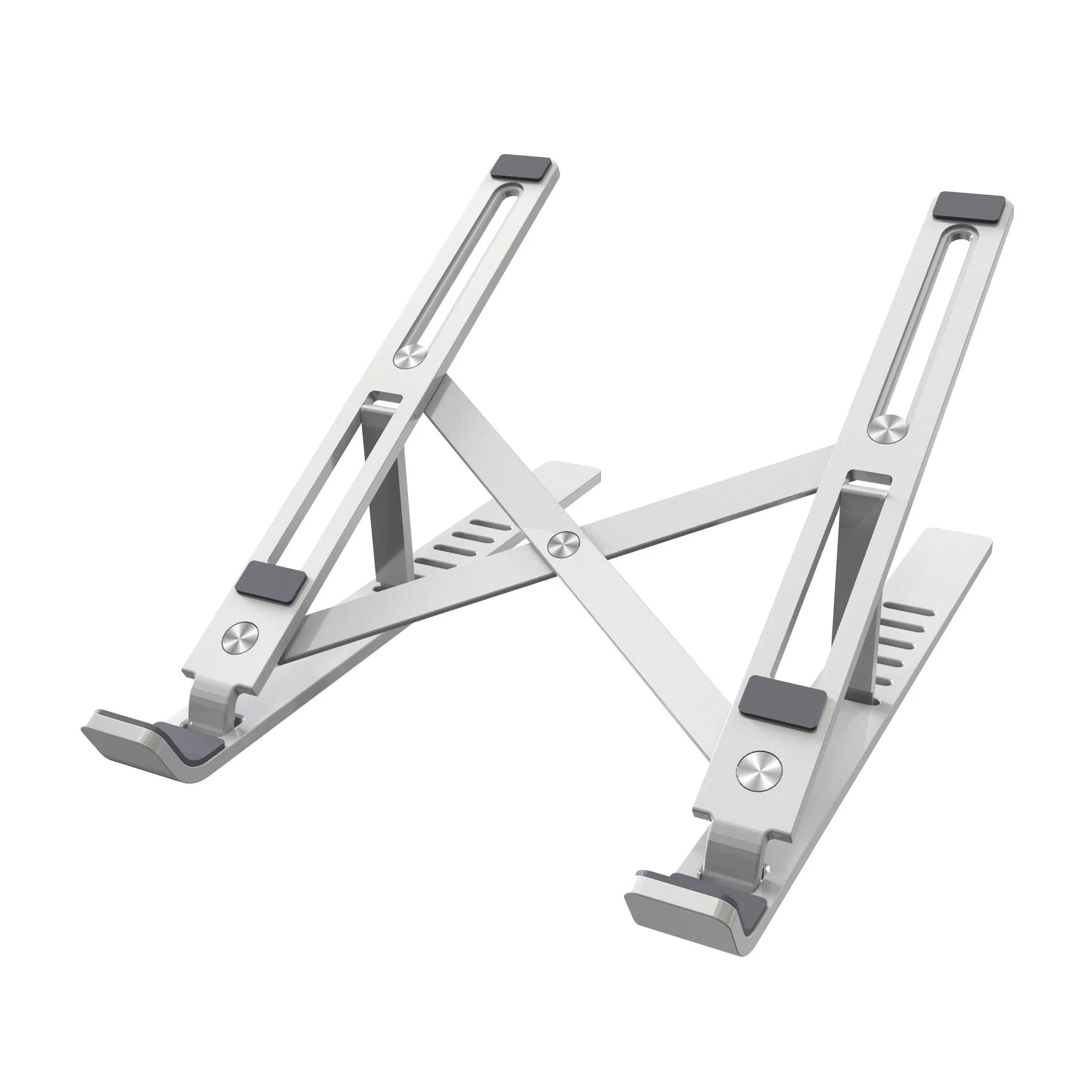 Silver aluminium alloy laptop stand in folded position showing adjustment gears