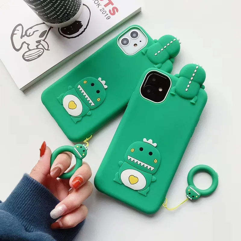 Green silicone phone case with cartoon animal design for Apple iPhone showing back cover