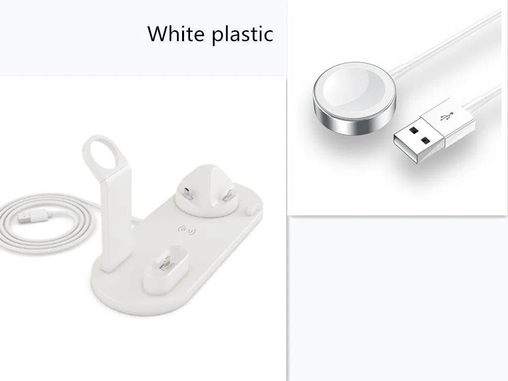 4 in 1 wireless charger stand for iPhone Samsung iWatch AirPods in black silicone material with 360 degree rotating dock