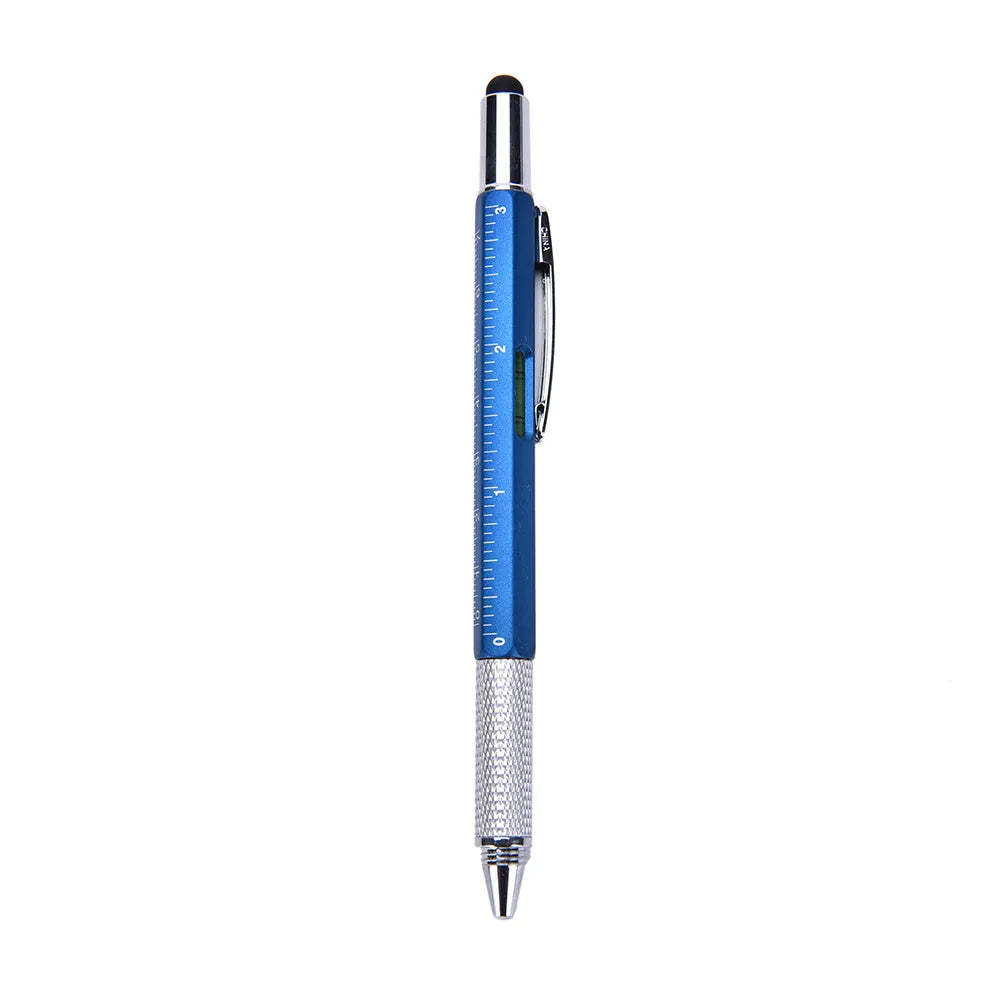 6 in 1 multi-function ballpoint pen with touch screen stylus, screwdriver tips, ruler and spirit level in black plastic