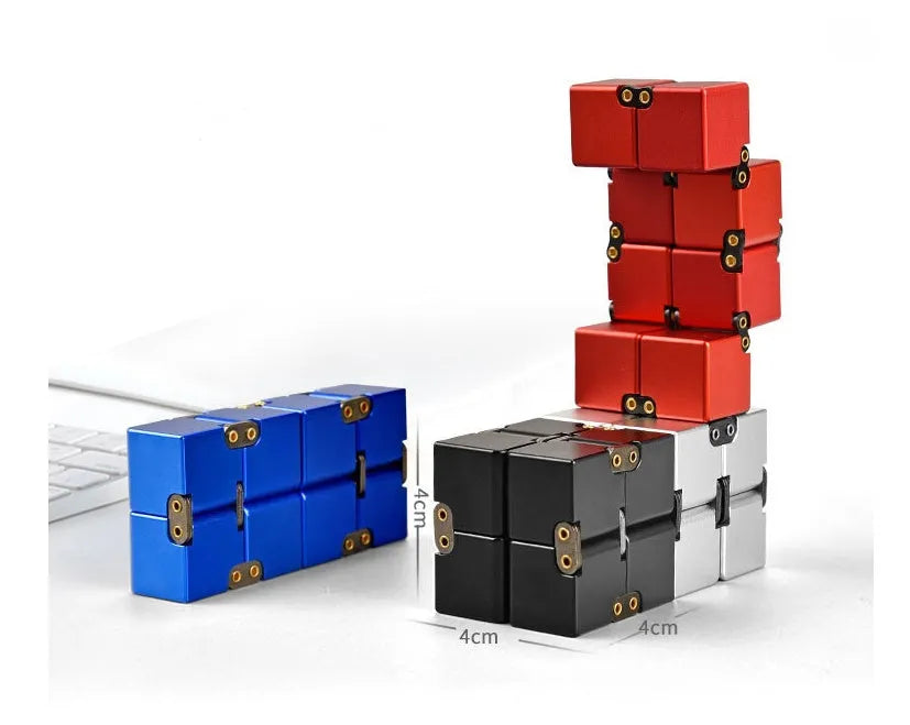 Black zinc alloy infinity cube fidget toy showing eight connected cubes.