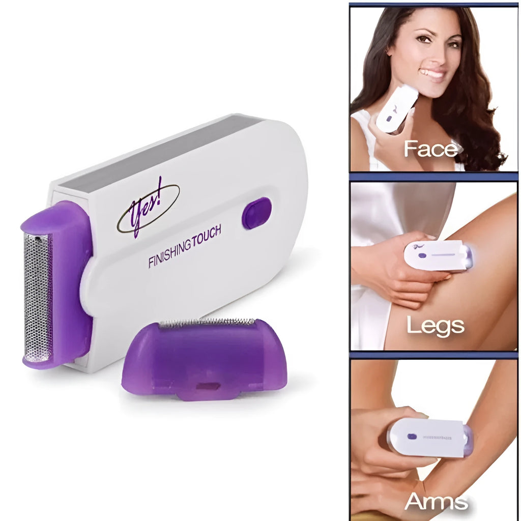 Black rechargeable electric hair remover with Sensa-Light head, trimmer head, foil head, USB cable and cleaning brush.