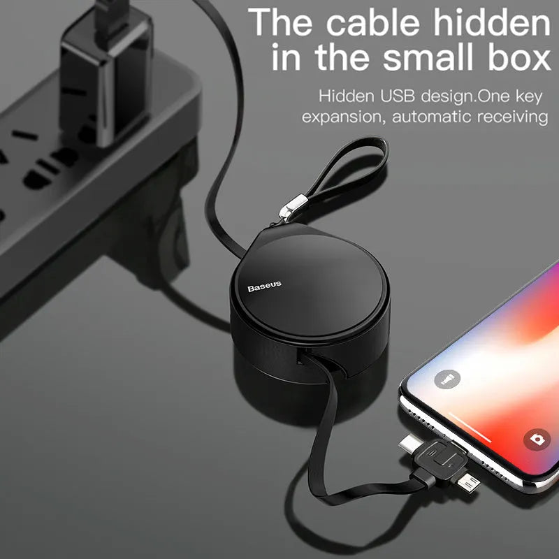 Telescopic 3-in-1 fast charging cable extended to 1 metre with magnetic connectors