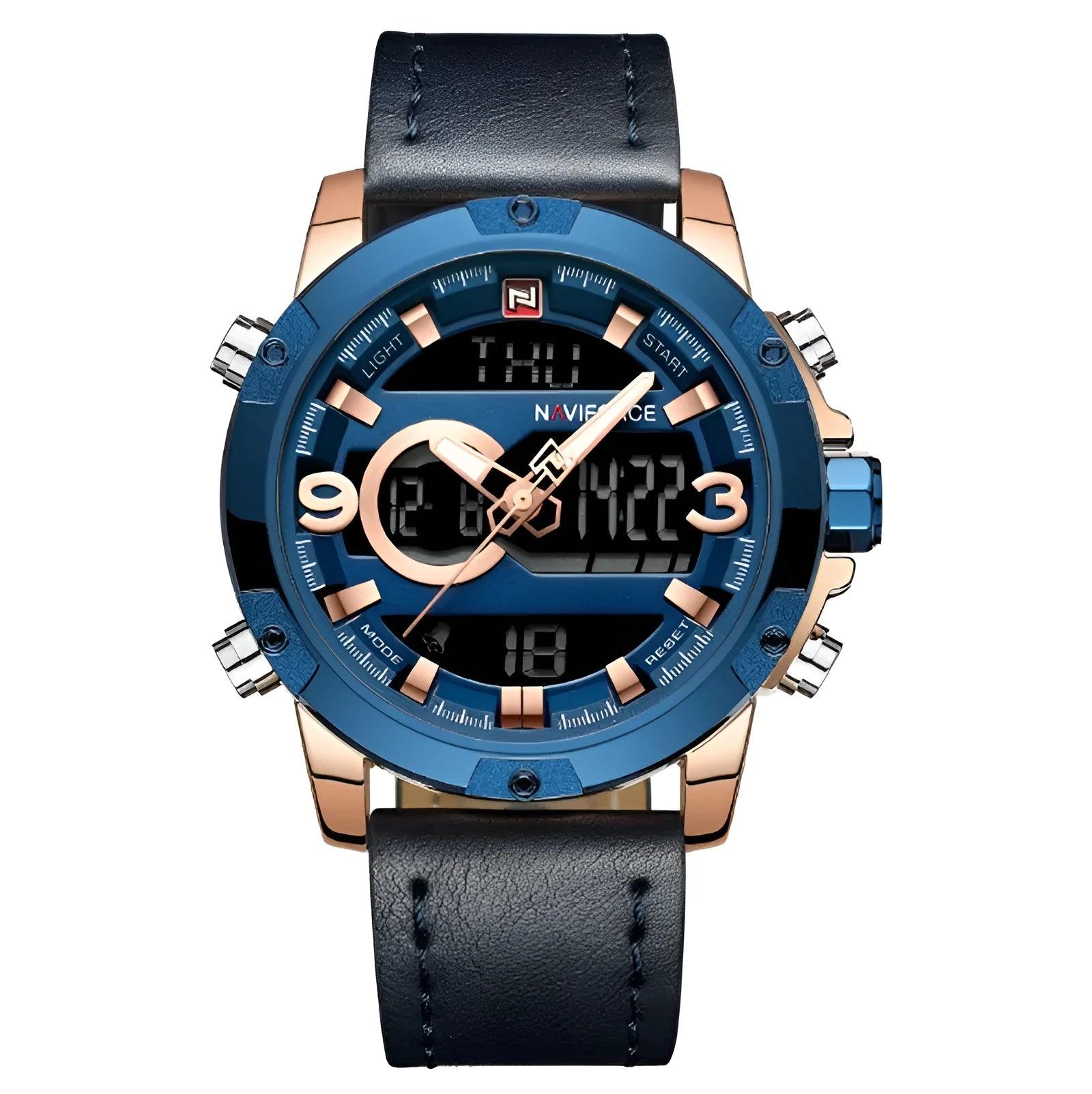 Men's leather digital army military watch with 46.5mm round dial, alloy case, and pin buckle closure