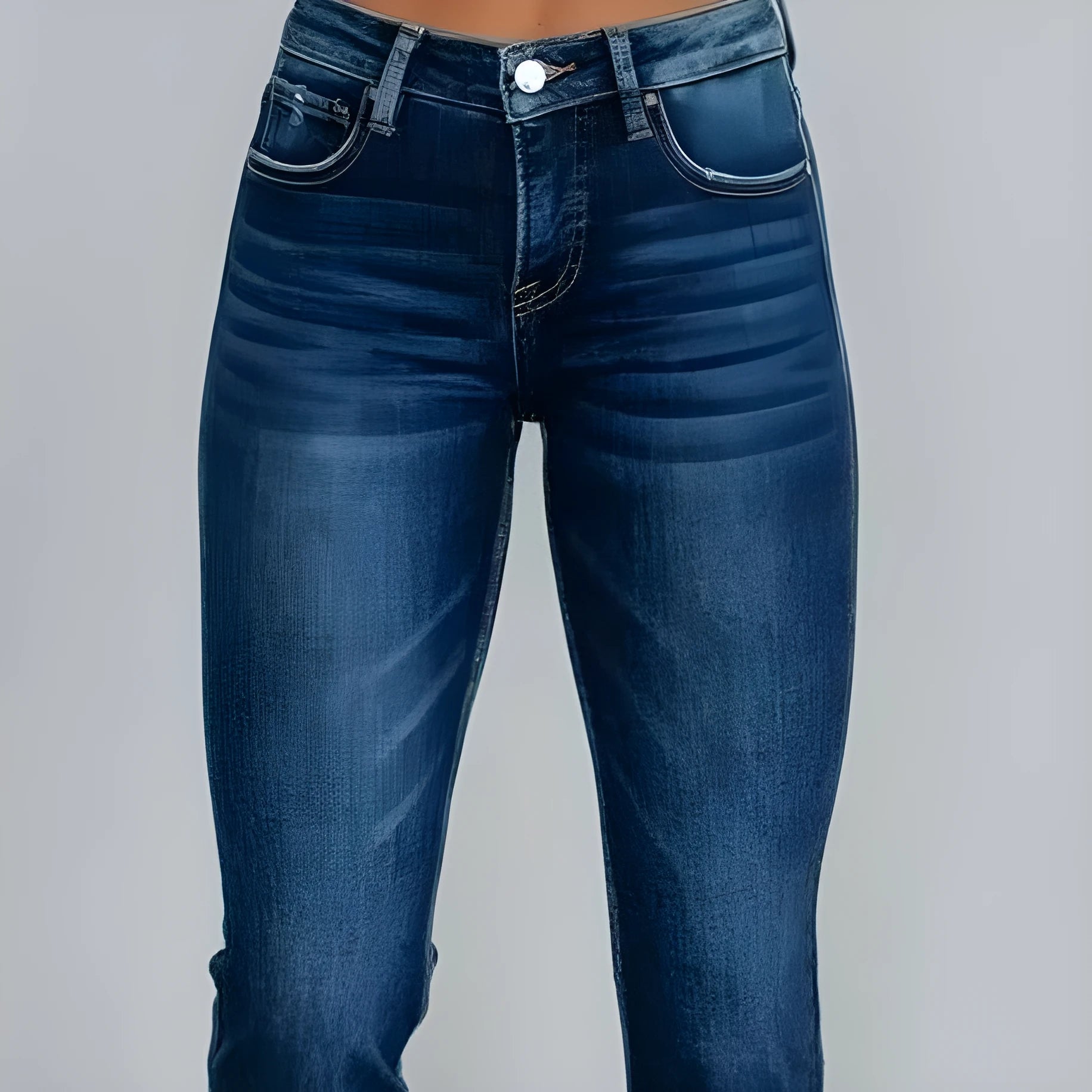 Women's solid colour denim trousers with a hand-worn finish in dark blue and light blue