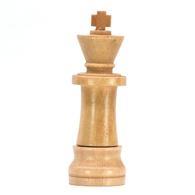 Wooden chess king USB flash drive in beige with USB 2.0 connector standing upright on a surface