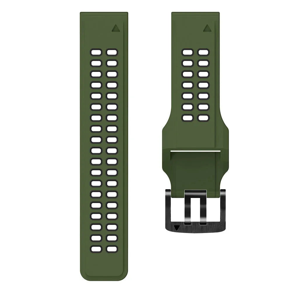Two-colour quick-release silicone watch strap in black and lime green with pin buckle clasp.