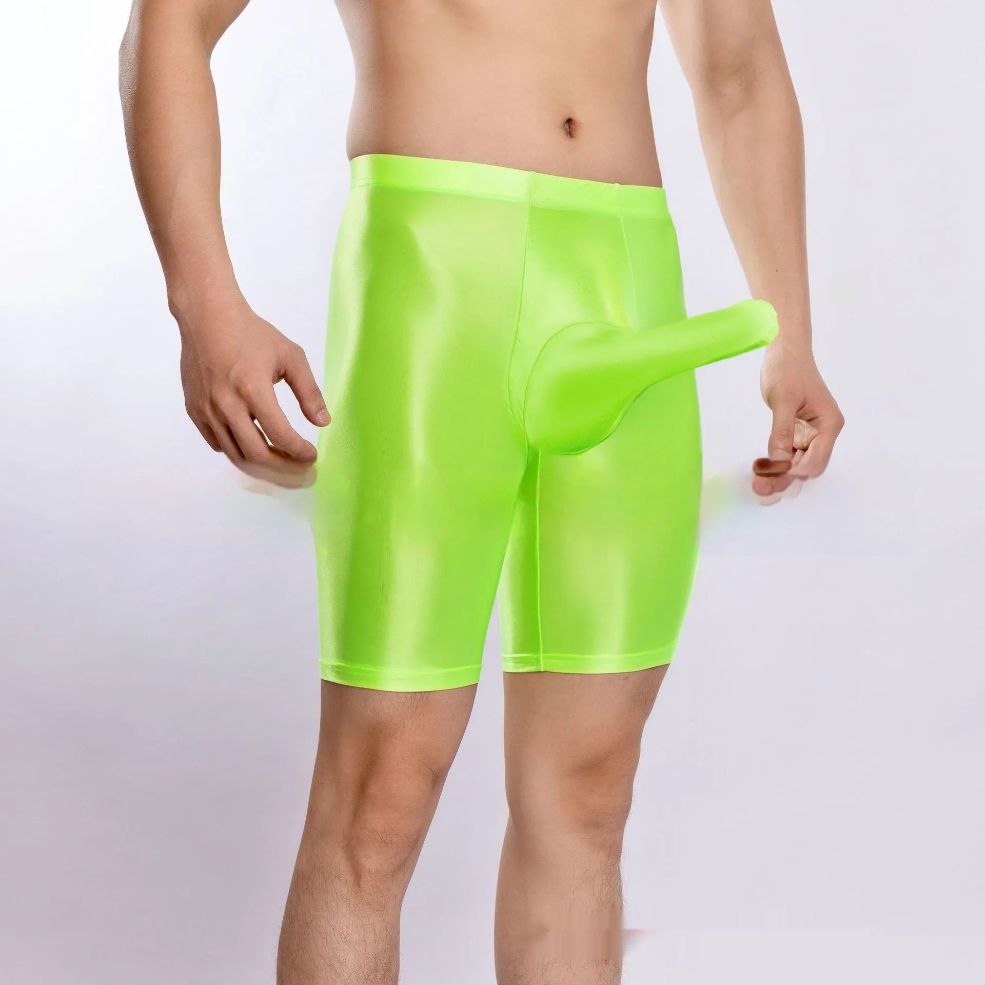 Plus size shiny nylon sports shorts for men in multiple colours on a size chart.