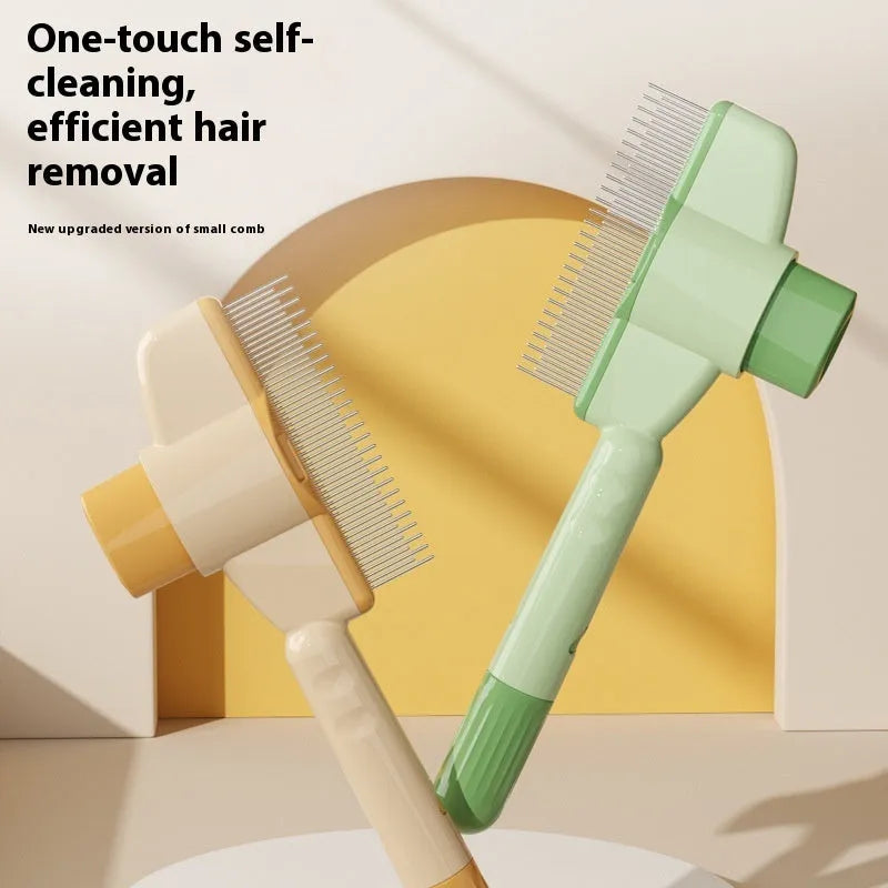 Green self-cleaning pet comb for dogs and cats with stainless steel teeth on a white background.