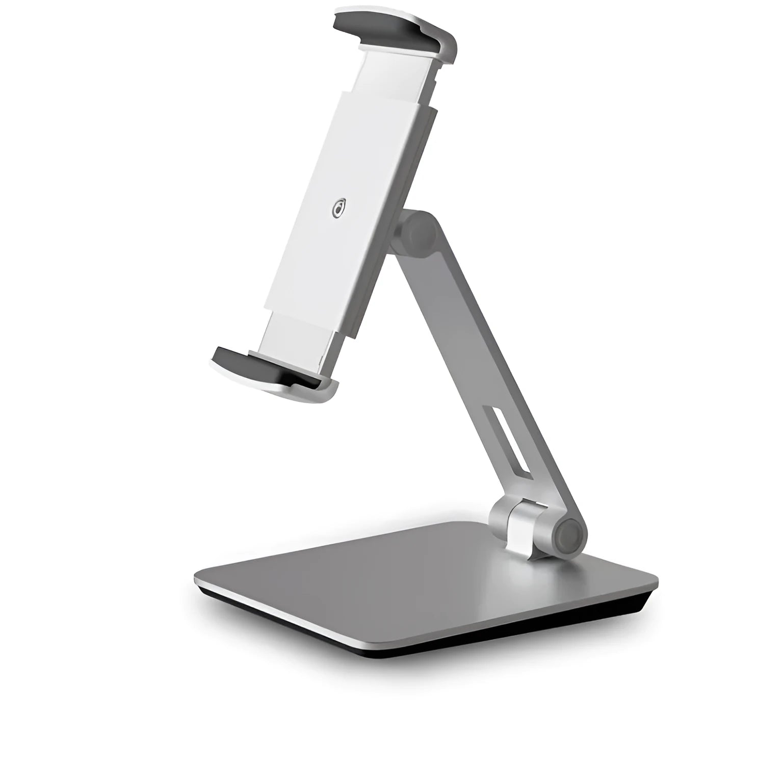 Silver foldable aluminium phone and tablet stand on a desk, holding a tablet at an angle.