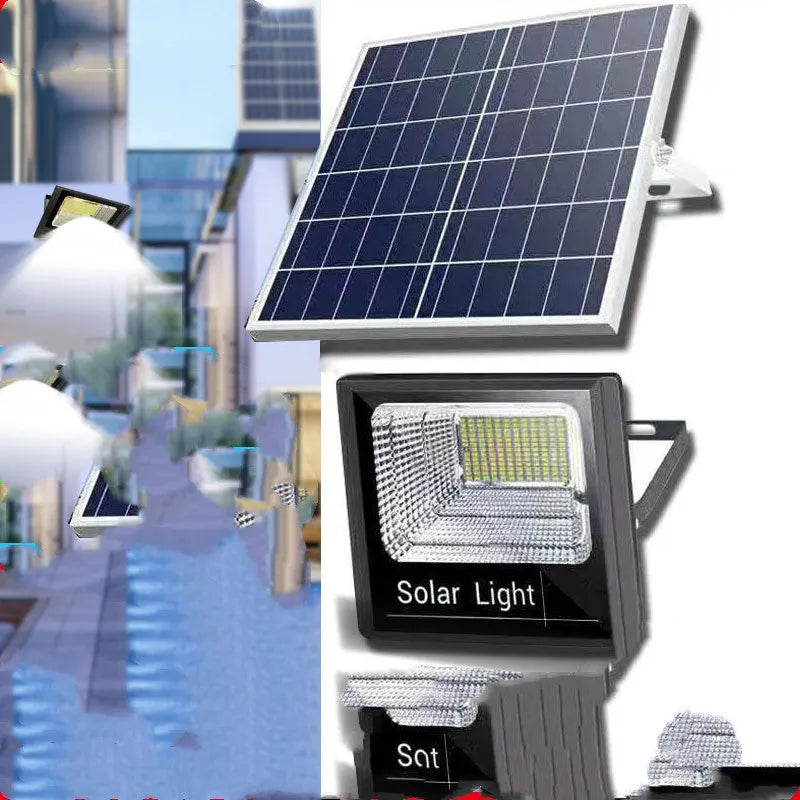Black solar-powered outdoor LED flood light with remote control on a garden wall.