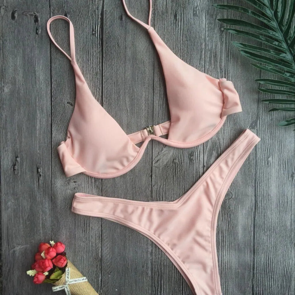 Multi-Color optional bikini swimsuit with strip steel belt and chest pad, available in 15 colours, solid colour open back design