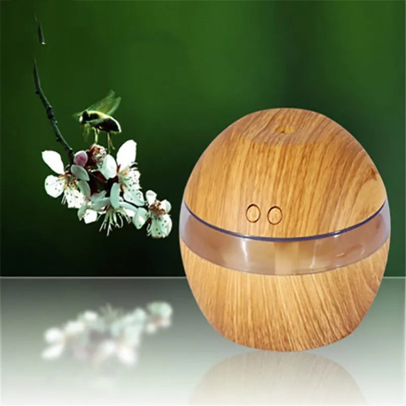 Brown wood grain USB humidifier with 200ml water tank measuring 90x80x5mm