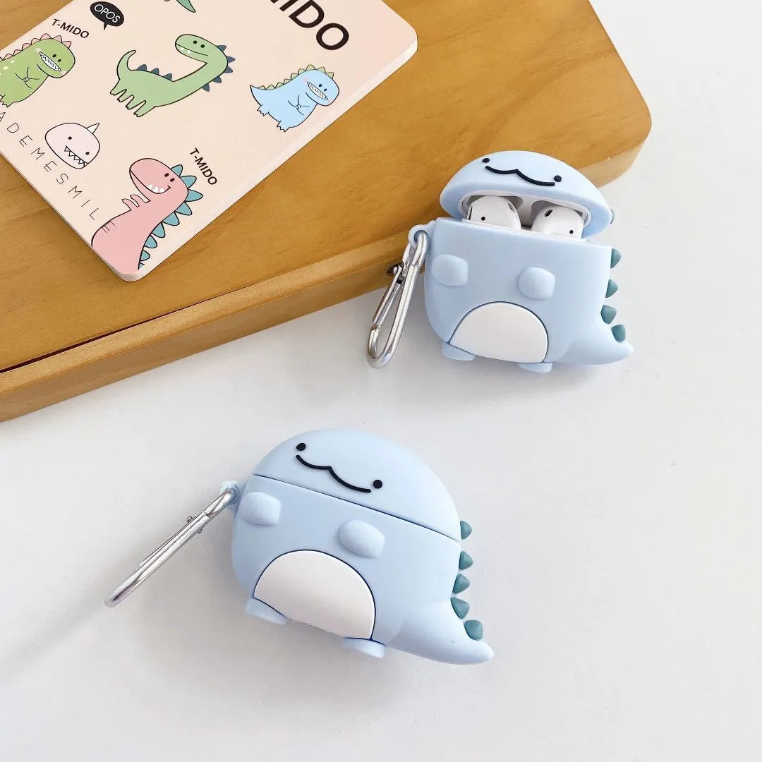 Blue silicone earphone case with a cute baby dragon design, fitting a single Apple AirPod.
