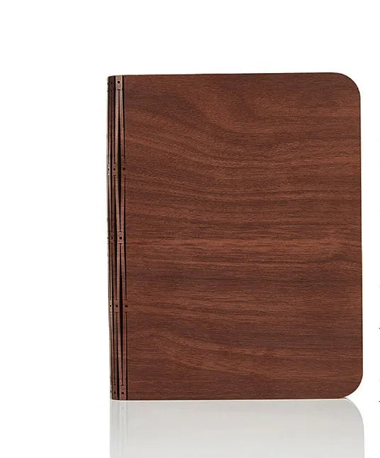 Solid wood book light in three sizes with USB cable showing white and warm white light options