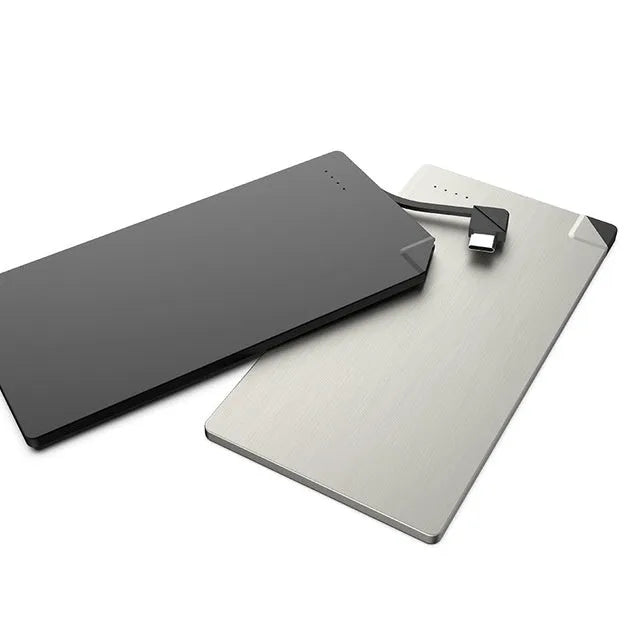 Sliver graphene battery power bank showing compact 140mm x 72mm x 4mm dimensions