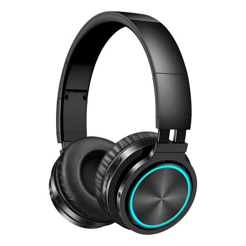 B12 wireless folding Bluetooth headset in black, shown in both open and folded positions