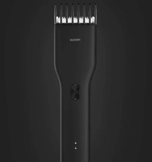 Black and white cordless men's hair clipper with ceramic cutter head and adjustable comb.