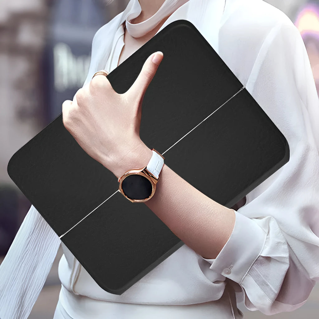 Ultra-thin wireless Bluetooth keyboard leather case for iPad in black flip-style design with integrated keys