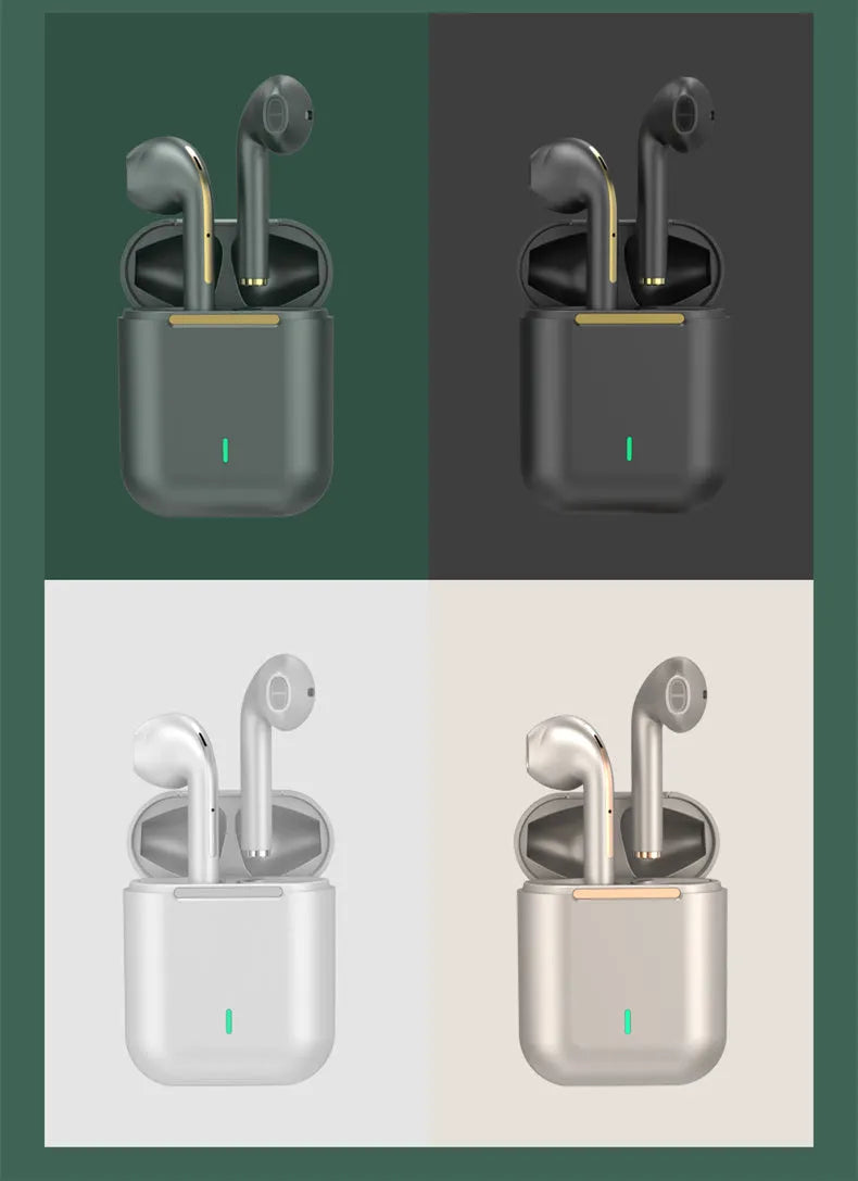 J18 Bluetooth headset with earphones and charging case in black