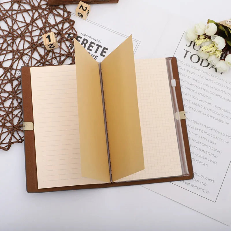 A6 imitation leather notebook with cowhide rope decoration, open to show flat-lying wireless binding.