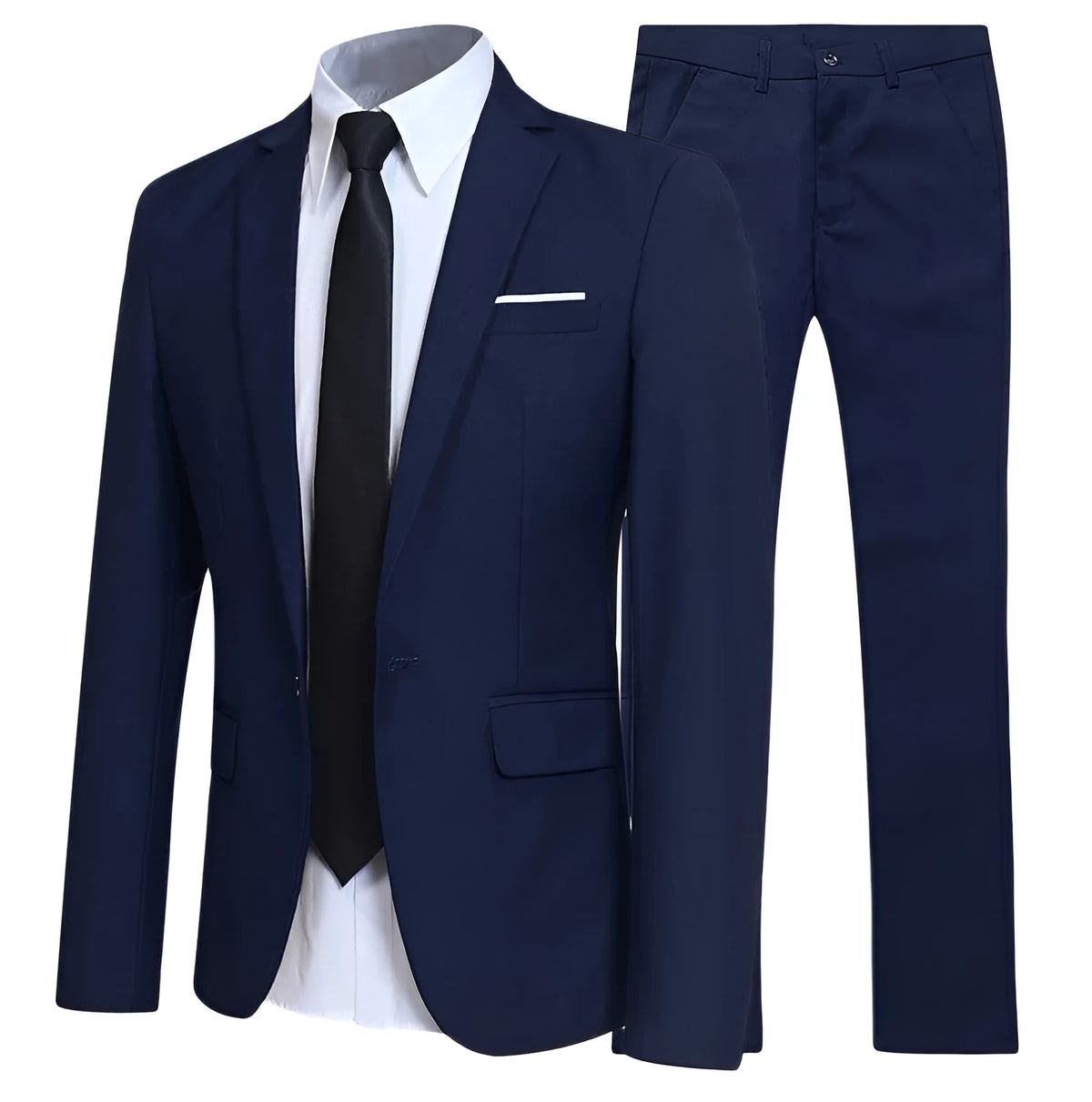 3-piece men's suit set with jacket, trousers, and white shirt in black, polyester fabric, back centre vent, front view