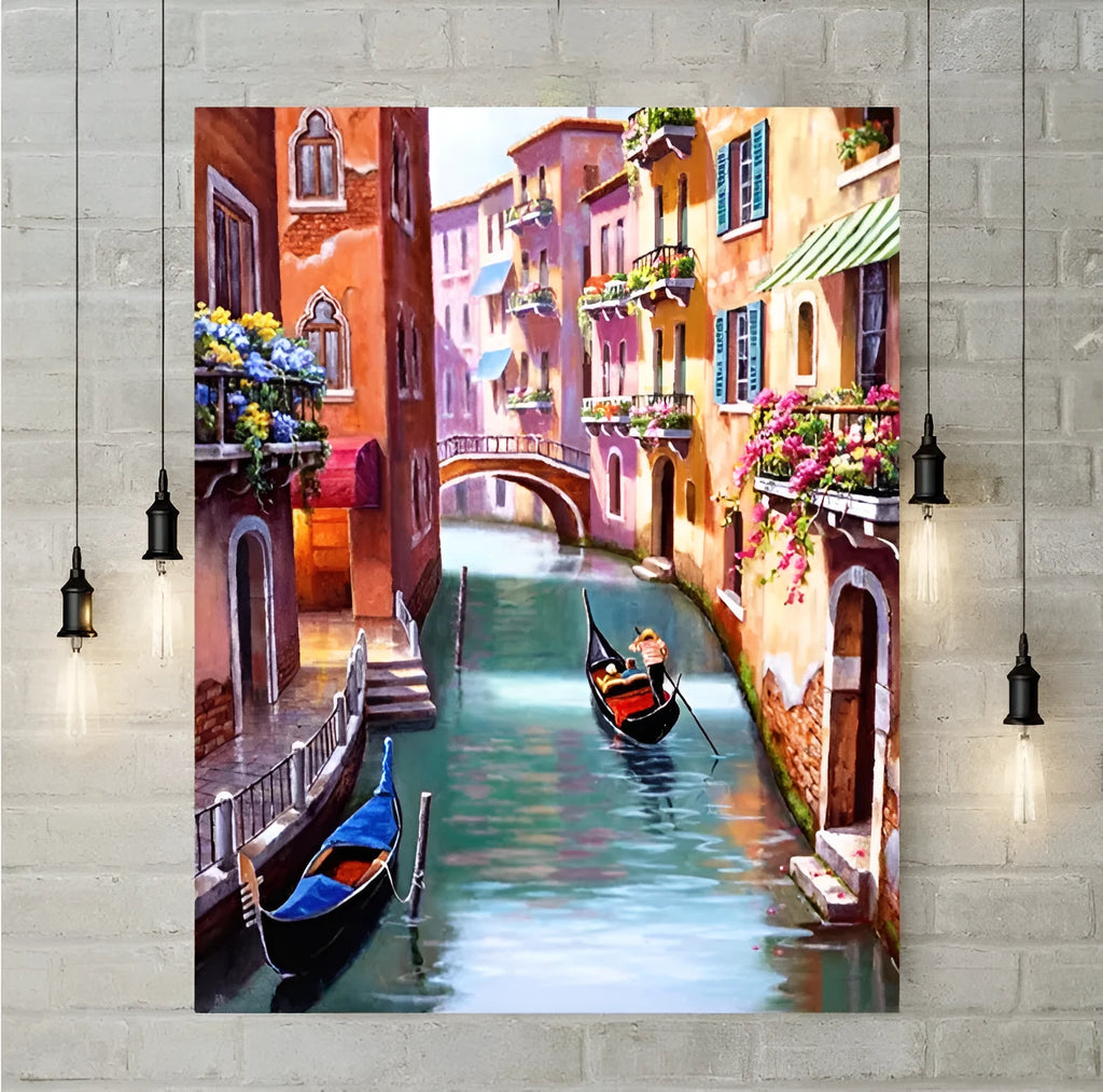 5D diamond painting kit showing a Venice scene on adhesive canvas with resin drills, available in 20x25cm to 50x70cm sizes