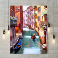 5D diamond painting kit showing a Venice scene on adhesive canvas with resin drills, available in 20x25cm to 50x70cm sizes