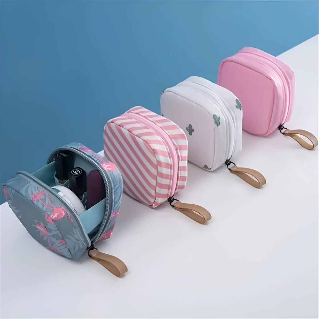 Cloth cube-shaped makeup storage bag with a plain pattern, shown in blue, pink, white, and white pink colour options