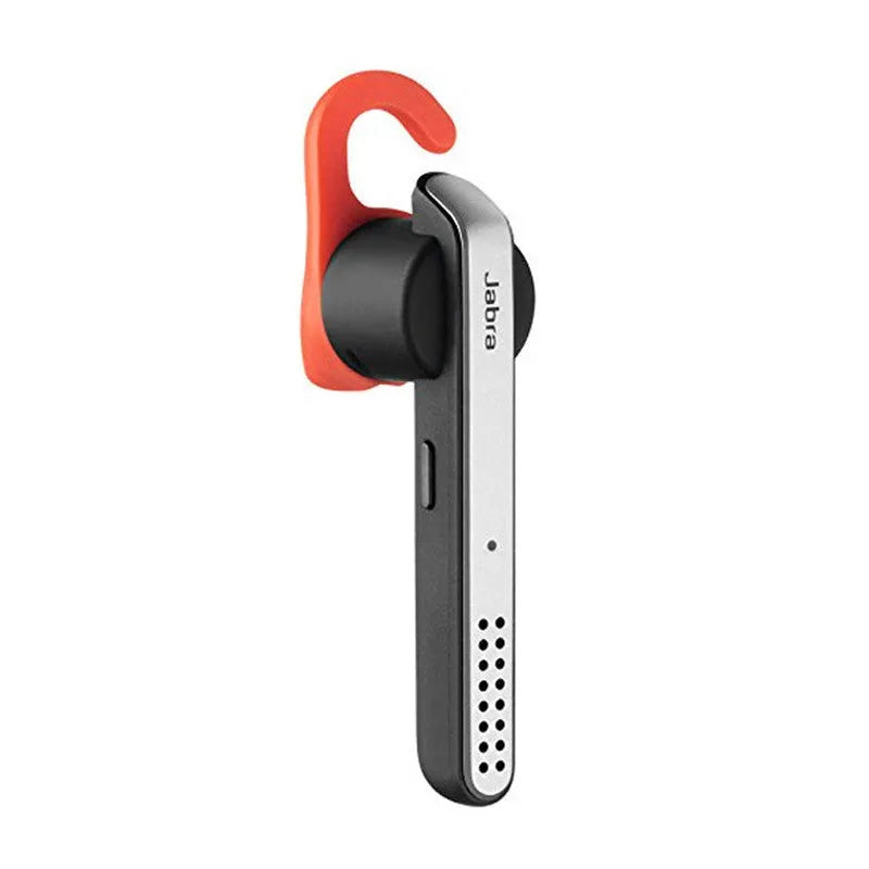 Black Bluetooth earphone with behind-the-ear design showing earpiece and control buttons