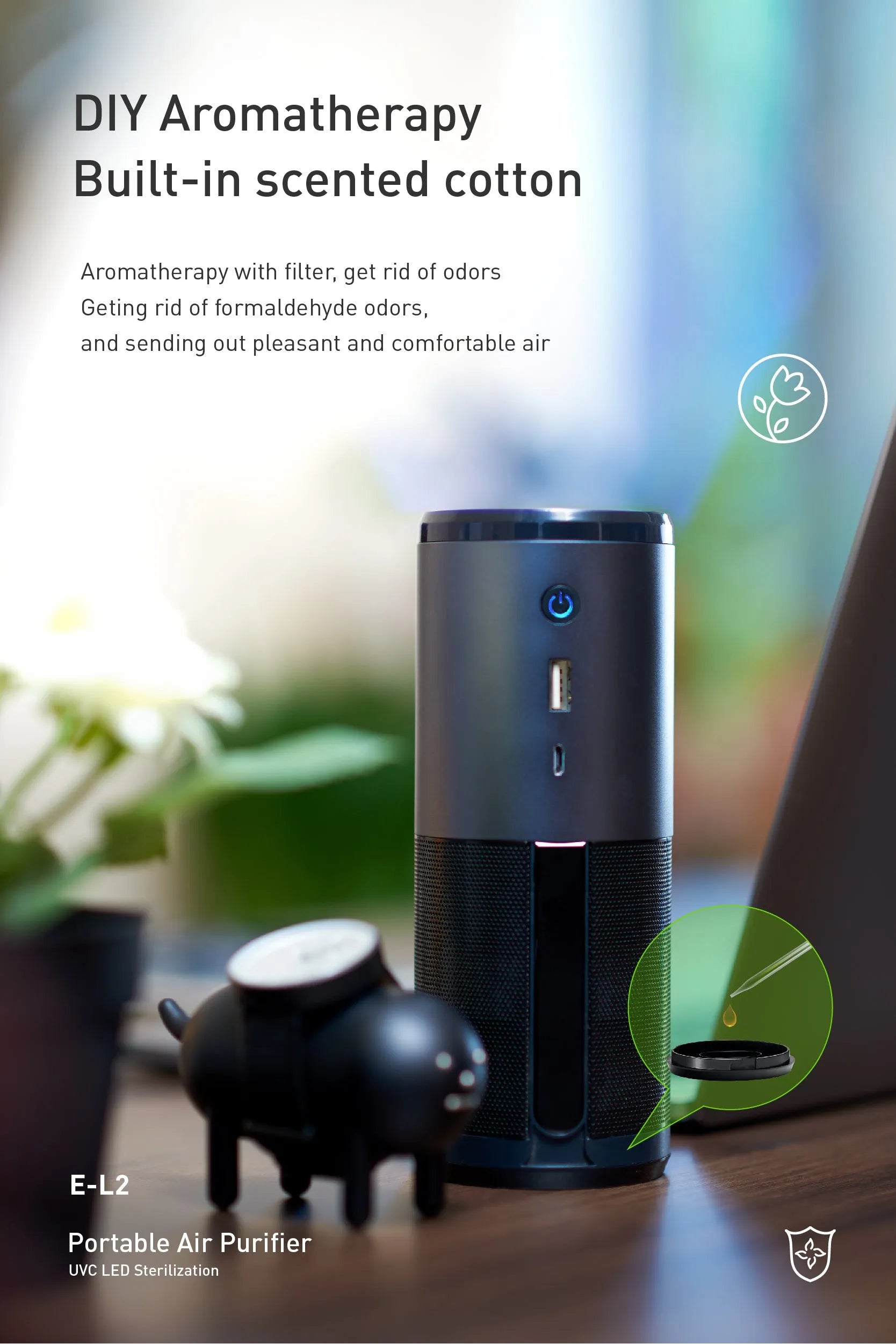 Black portable mini car air purifier with smart sensor display on metal housing