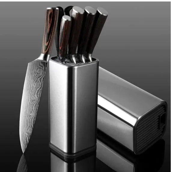 Black stainless steel kitchen tool holder with detachable bottom for knives and cutlery.
