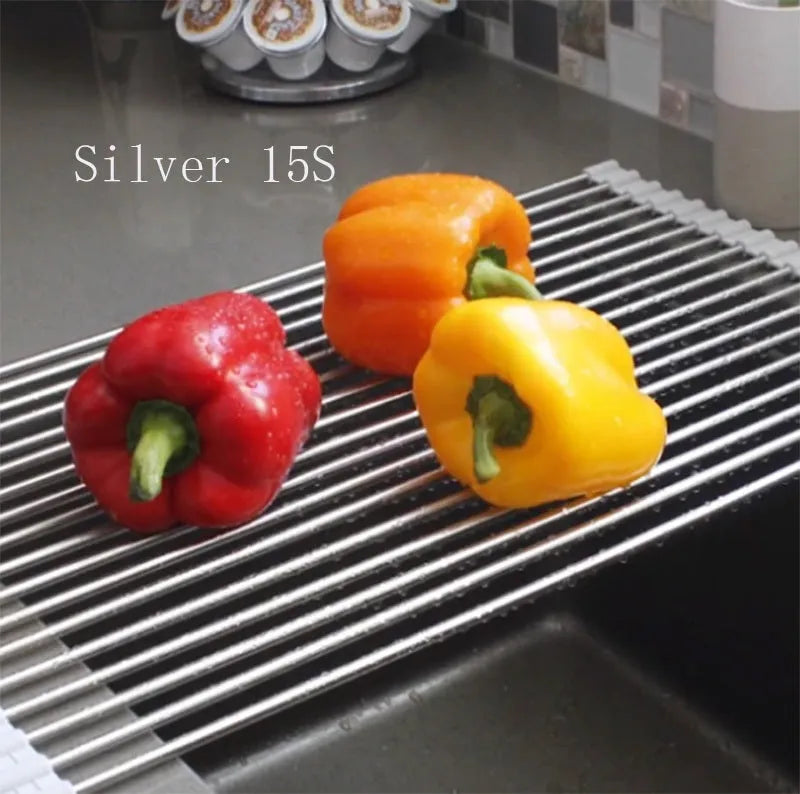 Stainless steel folding kitchen sink drain rack shown in a choice of colours